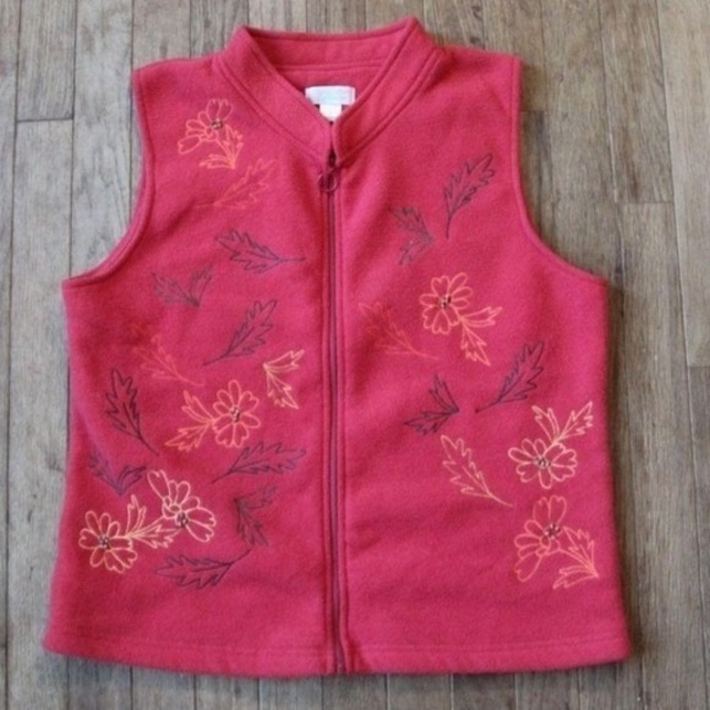 Christopher & Banks Floral Embroidered Fleece Vest Sleeveless Red L Autumn‎